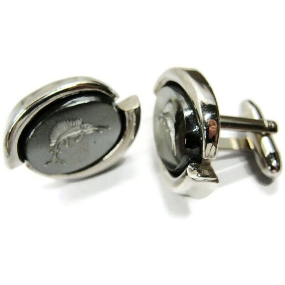 Swordfish Cufflinks Silver Tone Mirrored Finish Tux Shirt Dress Suit Vintage - Picture 2 of 8